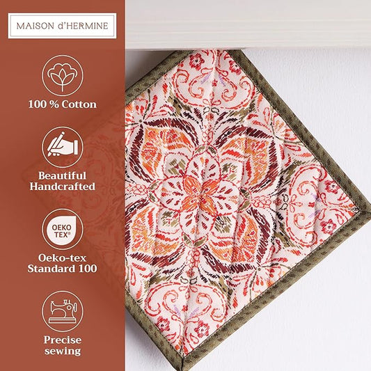 Maison d' Hermine Pot Holders Set 100% Cotton Heat Resistant Potholders 8" x 8" Hot Pads with Loop BBQ, Cooking, Baking, Grilling, Kitchen, Handling Hot Pans (Pack of 2, Damask)
