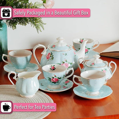 BTaT- Floral Tea Sets for Adults, 13 pcs, Service for 4, Pot (38 oz) & Cups (8 oz) with Saucers, Pastel Blue Floral Design, Porcelain Tea Set for Adult, Dishwasher Safe