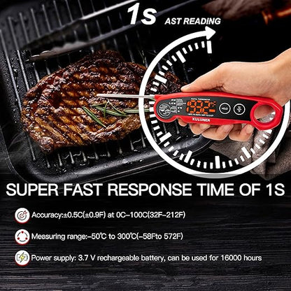 1-Second Rapid and Accurate Meat Thermometer - Waterproof Multifunctional Kitchen Food Thermometer, Ideal for Frying, Smoking, Grilling and More(Red)