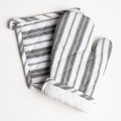 1 Oven Mitt, 1 PotHolder & 1 Kitchen Apron Set - Durable Heat Resistant Gloves - Thick Mittens for Kitchen - Suitable for Cooking, Baking, Grilling – Men & Women – Dark Grey Stripes - Casa De Lan