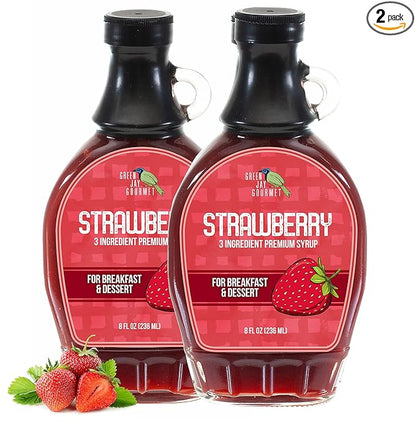 Green Jay Gourmet Strawberry Syrup - 3 Ingredient Premium Breakfast Syrup w/Fresh Strawberries, Cane Sugar & Lemon Juice - All-Natural, Non-GMO Pancake Syrup, Waffle Syrup & Dessert Syrup - 2 x 8 Oz