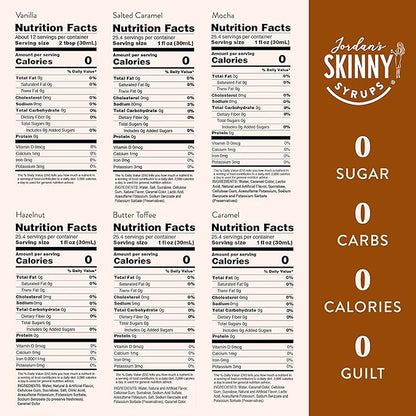 Jordan's Skinny Syrups Sugar Free Coffee Syrup, Vanilla, Salted Caramel, Hazelnut, Mocha, Butter Toffee, and Caramel Syrups, Zero Calorie Flavoring, 25.4 Fl Oz (Pack of 6), Sampler Variety Pack