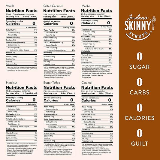 Jordan's Skinny Syrups Sugar Free Coffee Syrup, Vanilla, Salted Caramel, Hazelnut, Mocha, Butter Toffee, and Caramel Syrups, Zero Calorie Flavoring, 25.4 Fl Oz (Pack of 6), Sampler Variety Pack