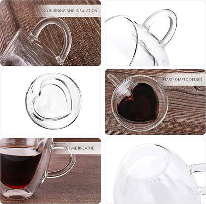 CNGLASS Mothers Day Gifts for Mom,Double Wall Heart Shaped Glass Coffee Mugs 5oz(Set of 2),Insulated Clear Tea Cups with Handle,Unique Glass Espresso Mugs for Coffee,Cappuccino,Latte,Milk