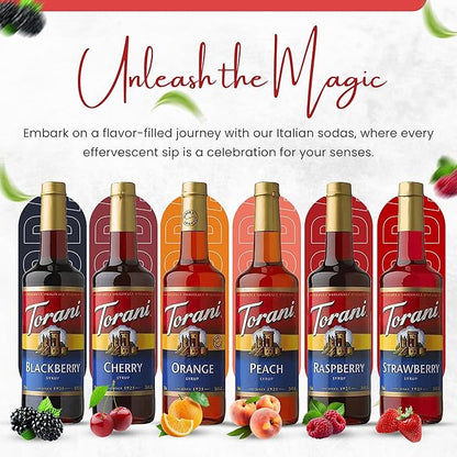 Jimoco Syrup Pump & Torani Syrup Bundle - Fruit Bowl Syrup 6 Pack Summer Flavors, Raspberry, Strawberry, Blackberry, Cherry, Orange and Peach - For Italian Soda Coffee, Lattes, Frappes With 6 Pump Dispensers