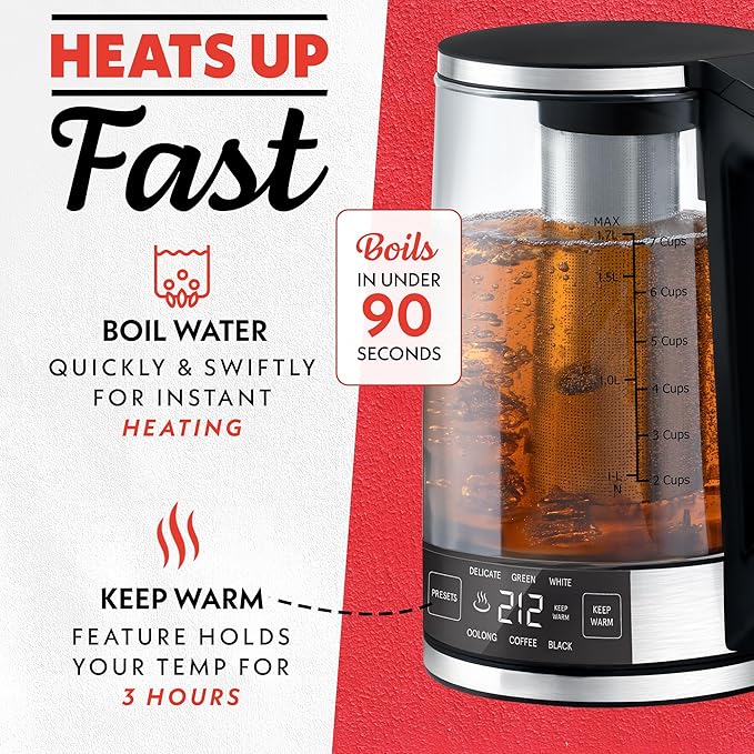 Gourmia Programmable Digital Glass Kettle – 1.7L Adjustable Temperature Electric Kettle with 6 Presets, Keep Warm, Stainless Steel Tea Infuser, 360° Swivel Base - Black