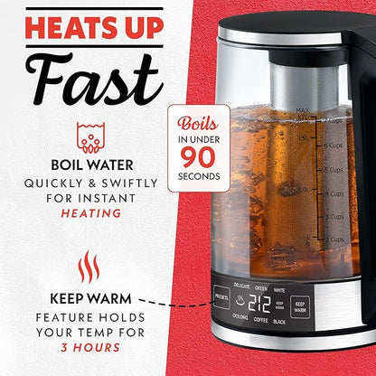 Gourmia Programmable Digital Glass Kettle – 1.7L Adjustable Temperature Electric Kettle with 6 Presets, Keep Warm, Stainless Steel Tea Infuser, 360° Swivel Base - Black