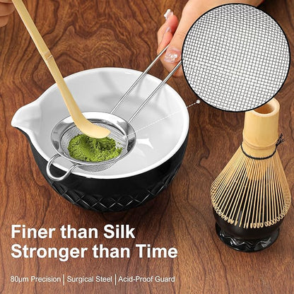Matcha Whisk Set, 7 Pcs Matcha Kit, Ceramic Matcha Set Includes Matcha Bowl with Spout, Matcha Whisk and Holder, Bamboo Scoop, Scoop Rest, Sifter and Tea Towel (Onyx Black)
