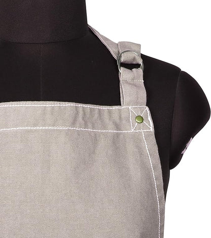 AMOUR INFINI Cotton Solid Aprons for Women with Pocket, Adjustable Strap and Waist Ties Washed Chef Aprons for Cooking, Baking and Gardening (Beige)