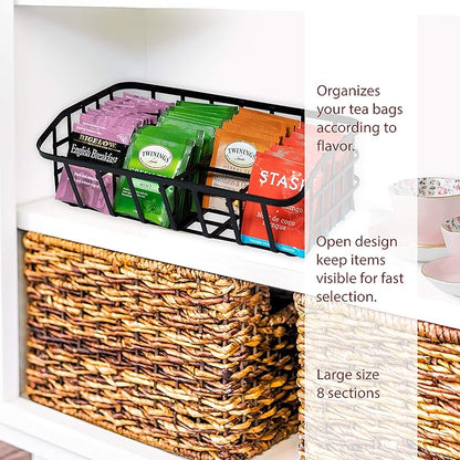 Tea Bag Organizer Caddy - Metal Tea Box Storage Holder for Cups, Pods, Packets, Condiment Accessories - Black