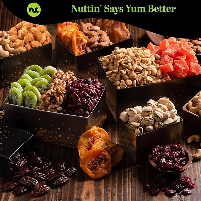 NUT CRAVINGS Gourmet Collection - Christmas Treats Tower Dried Fruit & Nuts Gift Basket with Happy Holiday Ribbon (12 Assortments) Food Arrangement, Healthy Snack Care Package, Food Assortments