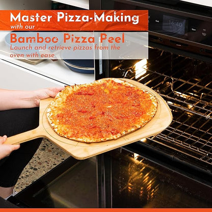 Loftern Wooden Pizza Peel 16 Inch Board with Engraved Sizes - Multi-Purpose Bamboo Pizza Cutting Board, Wood Pizza Peel, Pizza Spatula Paddle, and Serving Board with Size and Cutting Guide