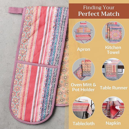 Maison d' Hermine Double Oven Mitts 100% Cotton 7"x35" Double Oven Mitt Heat Resistant BBQ Cooking Gloves with Loop, Baking, Grilling, Home, Kitchen, Handling Hot Pans (Ispahan)