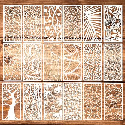 18Pcs Stencils for Crafts Painting, Reusable Cake Stencils Decorating Texture Stencil Background Stencil Leaf Floral Tree Templates for Painting on Wood Furniture Card Canvas Paper Scrapbook
