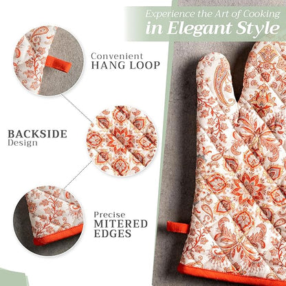 Maison d' Hermine 100% Cotton Oven Mitt & Pot Holder Set (7.5"x13" & 8"x8") Heat Resistant BBQ Cooking Gloves with Loop, Baking, Grilling, Kitchen, Handling Hot Pans (Cachemire)
