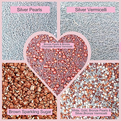 Confect-Rose Gold Edible Cake Sprinkles Mix – Pearl Dragees, Silver & Copper Jimmies, Bronze Sparkling Sugar – White, Rose Gold, Silver Glam Sprinkle Set for Cake Decorating, Baking & Cupcakes- Vegan, Gluten-Free, Nut-Free, Soy-Free, Dairy-Free, Palm O...