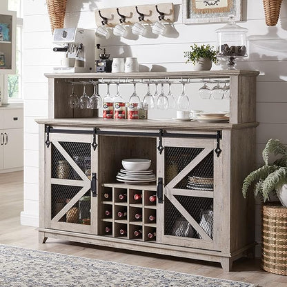 OKD Farmhouse Coffee Bar Cabinet with LED Lights, 55" Wine Bar w/Sliding Barn Door & Wine and Glass Rack, Kitchen Buffet Cabinet w/Storage Shelves for Dining Room,Light Rustic Oak