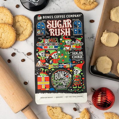 Bones Coffee Company Sugar Rush, Sugar Cookies Flavored Coffee, Medium Roast Low Acid Arabica Beans Compatible with Auto drip and French Press Coffee Maker, 12 Oz Whole Bean