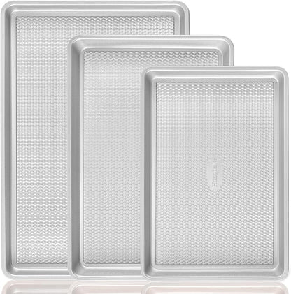 HONGBAKE Baking Sheet Pan Set, Cookie Sheets for Oven, Nonstick Half/Quarter/Jelly Roll Pans with Diamond Texture Pattern, Heavy Duty Cookie Tray, Silver