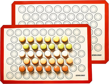 Macaron Silicone Baking Mats - Set of 2 - Full Size - 16.5 x 24, Non-Stick Macaron Mat for Perfect Baking - Dishwasher & Oven Safe, Ideal for Macarons, Cookies, Bread, Red Border