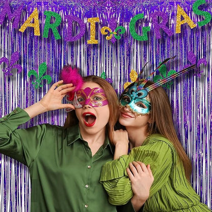 BRAVESHINE Purple Tinsel Foil Fringe Curtains - 2Pcs 3.2x8.2ft Metallic Holidays Photo Backdrop for Halloweens Birthdays Valentine's Bridal Shower Bachelorette Anniversary Engagement Party Supplies