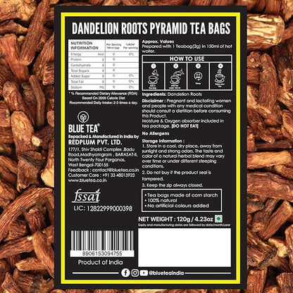 BLUE TEA - Dandelion Root Tea - 60 Count - Pyramid Plant Based Tea Bag | Support Kidney Function and Healthy Digestion | Detox Tea | Herbal Tea - Caffeine Free - Non-Bitter - Mild Flavor | Zipper Pack