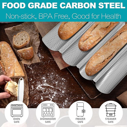 Anaeat Nonstick French Baguette Bread Pan with Thick Professional Proofing Cloth Dough Couche - Long Sourdough Bread Baking Pan Tray for Professional & Home Baker, Perforated Loaves Bake Mold Supplies