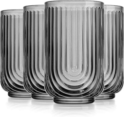 Vintage Glassware Art Deco Highball Glasses Set of 4 Smoke Ribbed Drinking Glasses 17 Oz Black U-Shape Arch Design Colored Cocktail Kitchen Tumblers