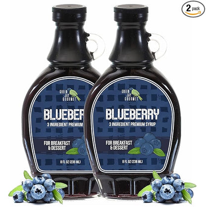 Green Jay Gourmet Blueberry Syrup - 3 Ingredient Premium Breakfast Syrup with Fresh Blueberries, Cane Sugar & Lemon Juice - All-Natural, Non-GMO Pancake Syrup, Waffle Syrup & Dessert Syrup - 2 x 8 Oz