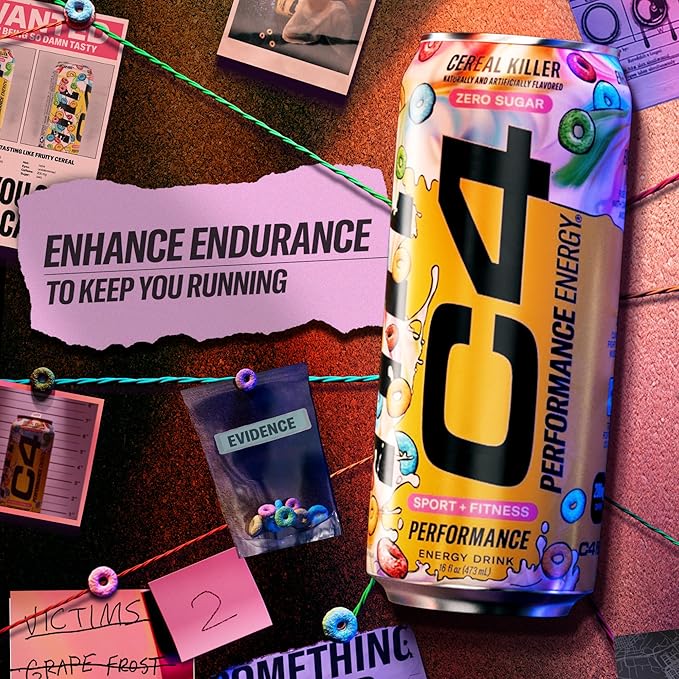 C4 Energy Carbonated Zero Sugar Energy Drink, Pre Workout Drink + Beta Alanine, Cereal Killer, 16 Fl Oz (Pack of 12)