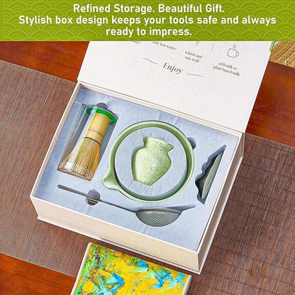 BeSoothe Matcha Whisk Set - Premium Matcha Set 7 Pcs - Ceremony Matcha Powder Kit - Matcha Tea Set for Making Latte - Matcha Whisk Set and Bowl with Scoop&Sifter, Ceramic Bowl - Gift for Matcha Lovers