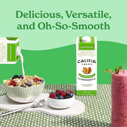 Califia Farms - Unsweetened Almond Milk, 32 Oz (Pack of 6), Dairy Free, Vegan, Plant Based, Keto Food, Shelf Stable, Vegan, Gluten Free, Non GMO, Sugar Free, High Calcium, Smoothie