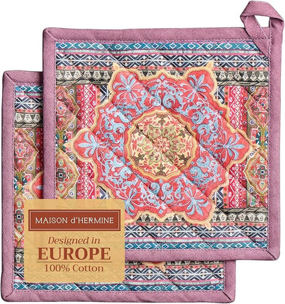 Maison d' Hermine Pot Holders Set 100% Cotton Heat Resistant Potholders 8" x 8" Hot Pads with Loop BBQ, Cooking, Baking, Grilling, Kitchen, Handling Hot Pans (Pack of 2, Ispahan)