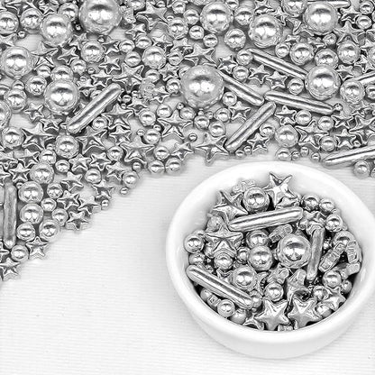 Silver Pearl Rods Star Sugar Sprinkles, Silver Sprinkles for Cake, Edible Pearls Baking Candy, 150g/5.29oz Mix Size, Cupcake Decoration, Wedding Party Supplies