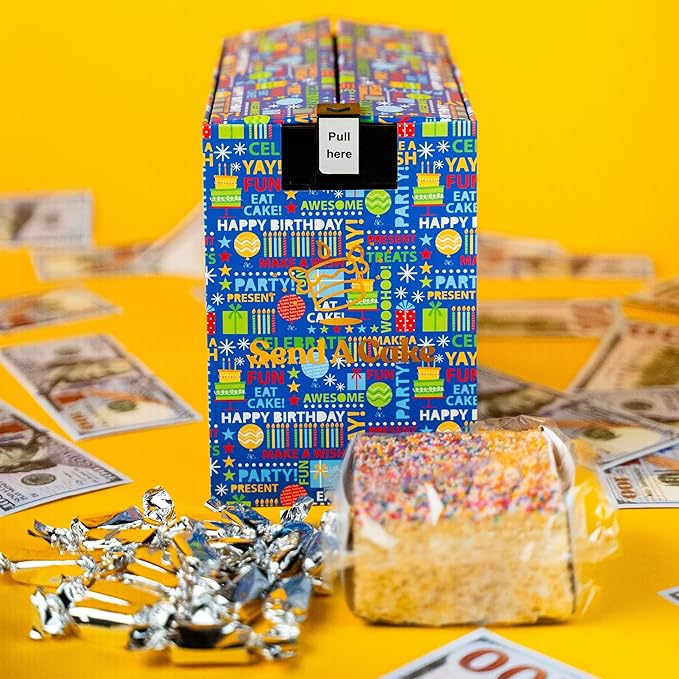 Birthday Billionaire Gift Box by Send A Cake – Ready-to-Gift Music Box with Sweet Caramels & 3" Sprinkle Dot Crispy Cake – No Assembly, Unique Birthday Gift for Women, Men & Kids
