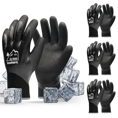 Waterproof Gloves Bulk Pack for Men and Women, 3 Pairs, Freezer Gloves with Grip, Double Nitrile Dipped for Extreme Oil Repellent, for Construction, Mechanics, Mining, Plumbing, Black, Large