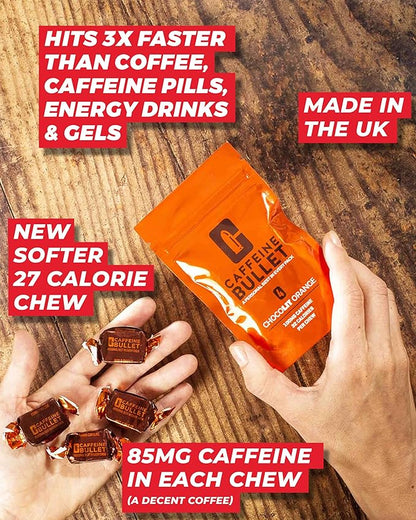 Caffeine Bullet Energy Chews - Chocolate Orange. 40 * 85mg - Faster Kick Than Pills, Gels and Gum. Sport Science for Running, Cycling, Gaming & A Pre Workout Endurance Boost.