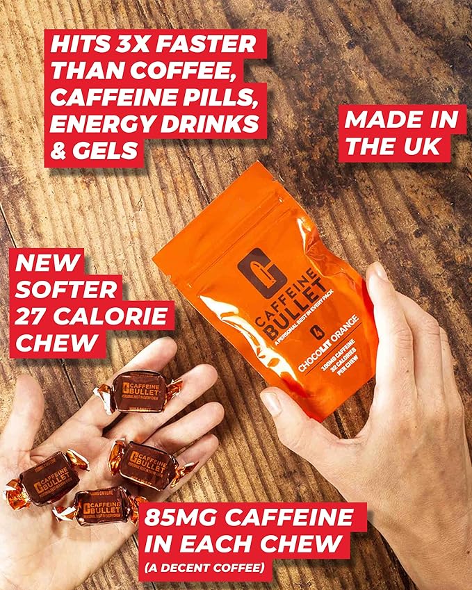 Caffeine Bullet Energy Chews - Chocolate Orange. 80 * 85mg - Faster Kick Than Pills, Gels and Gum. Sport Science for Running, Cycling, Gaming & A Pre Workout Endurance Boost.
