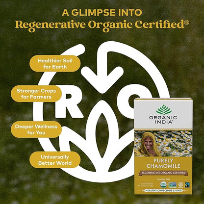 Organic India Purely Chamomile Tea- Regenerative Organic Chamomile Flowers, Caffeine Free, Calming & Relaxing Herbal Tea, Natural Support for Sleep & Relaxation- 18 Tea Bags, Pack of 3