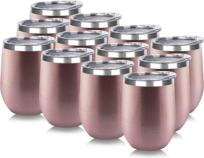 DOMICARE Stainless Steel Wine Tumbler Bulk with Lid, Personalized Rose Gold Insulated Tumblers Set, 12oz Travel Coffee Cups Pack of 12