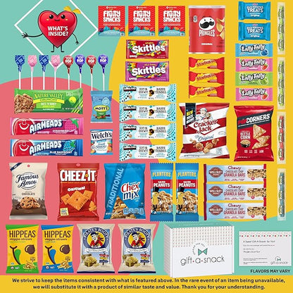 Gift A Snack - Thanksgiving, Holiday, Christmas Stocking Stuffer Snack Box Variety Pack Care Package + Greeting Card (50 Count) Birthday Sweet Treats Gift Basket, Candies Chips Crackers Bars