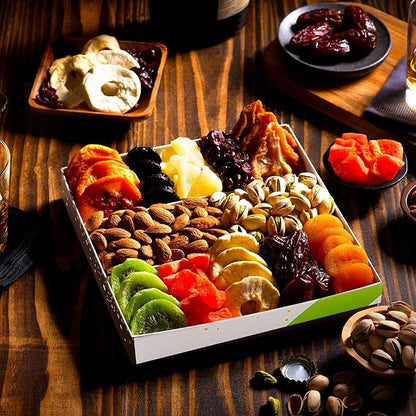 NUT CRAVINGS - Thanksgiving Dried Fruit & Mixed Nuts Gift Basket in White Gold Box (12 Assortments) Holiday Xmas Christmas Food Arrangement, Healthy Snack Care Package, Food Assortments