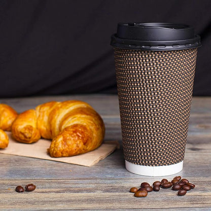 Promora Brown Disposable Coffee Cups With Lids 16 oz, Premium Insulated Paper Ripple Cups for Hot Coffee (80 Pack)