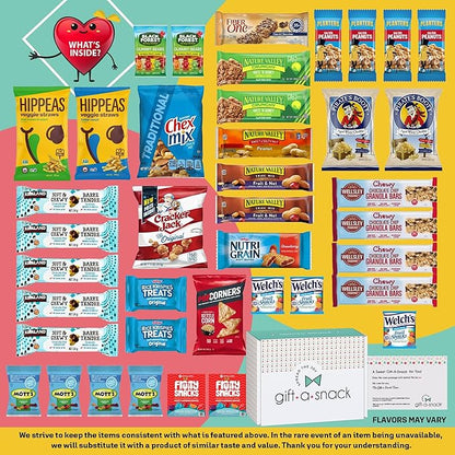Gift A Snack - Thanksgiving, Holiday, Christmas Stocking Stuffer Healthy Snack Box Care Package + Greeting Card (40 Count) Birthday Treats Gift Basket, Nutritious Granola Breakfast Bars