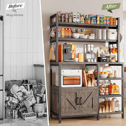 EnHomee Bakers Rack, 6 Tier Microwave Stand, Coffee Bar Organizer with 8 L-Shaped Hooks, Kitchen Shelves with Large Capacity Storage, 14.1 x 30.1 x 63.1 Inches, Black Oak
