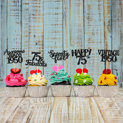 Gyufise 30 Pack black Glitter 75th Birthday Cupcake Toppers Vintage 1950 Cake Toppers Hello 75 Cake Topper Sixty Five 75 & Fabulous Cupcake Picks 75th Birthday Cake Decorations Supplies