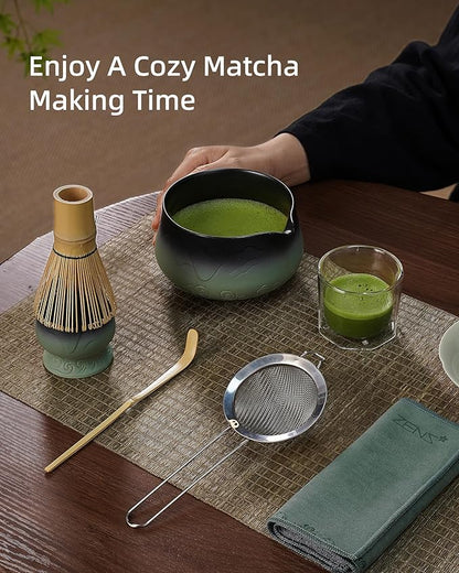 ZENS Matcha Whisk Set, 7pcs Matcha Kit Set with Ceramic Bowl and Matcha Cup, Bamboo Whisk & (Chasen Holder) Sifter, Scoop -Tea Towel, Japanese Chawan for Matcha-Making, Sage Green