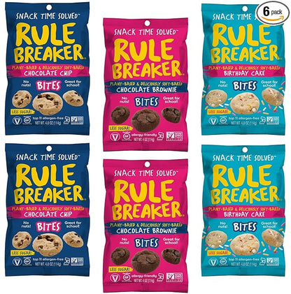 Rule Breaker Vegan & Gluten Free Cookies | Variety Pack Brownie, Chocolate Chip & Birthday Cake | Plant-Based Top 11 Allergen-Free | Soft-Baked, Better-For-You Snacks for School, Office & Home (Pack of 6)
