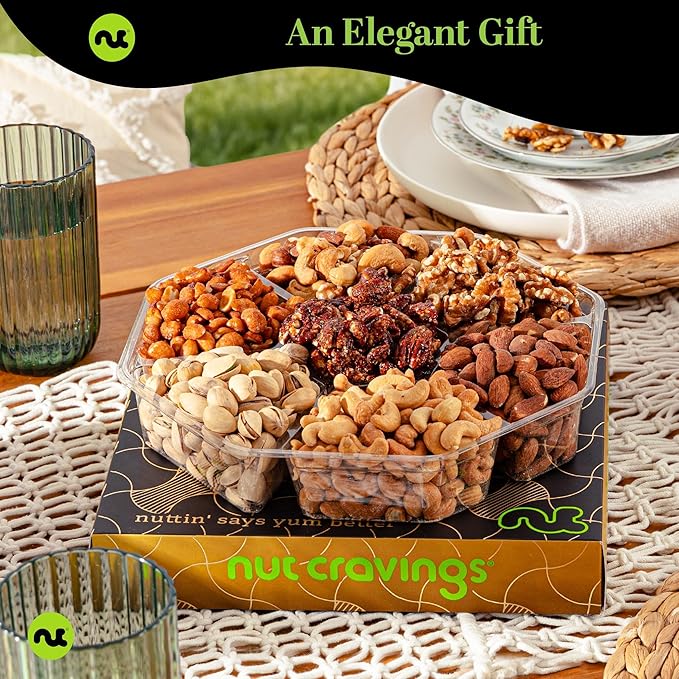 NUT CRAVINGS - Thanksgiving Mixed Nuts Gift Basket in Black Gold Box (7 Assortments, 1 LB) Holiday Xmas Christmas Food Arrangement, Healthy Snack Care Package, Food Assortments