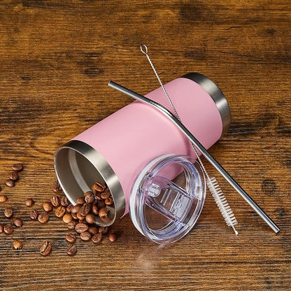 COMOOO 20oz Double Wall Vacuum Insulated Travel Mug Stainless Steel Tumbler with Lid and Straw Durable Powder Coated Insulated Coffee Cup for Cold & Hot Drinks (Pink, 12 pack